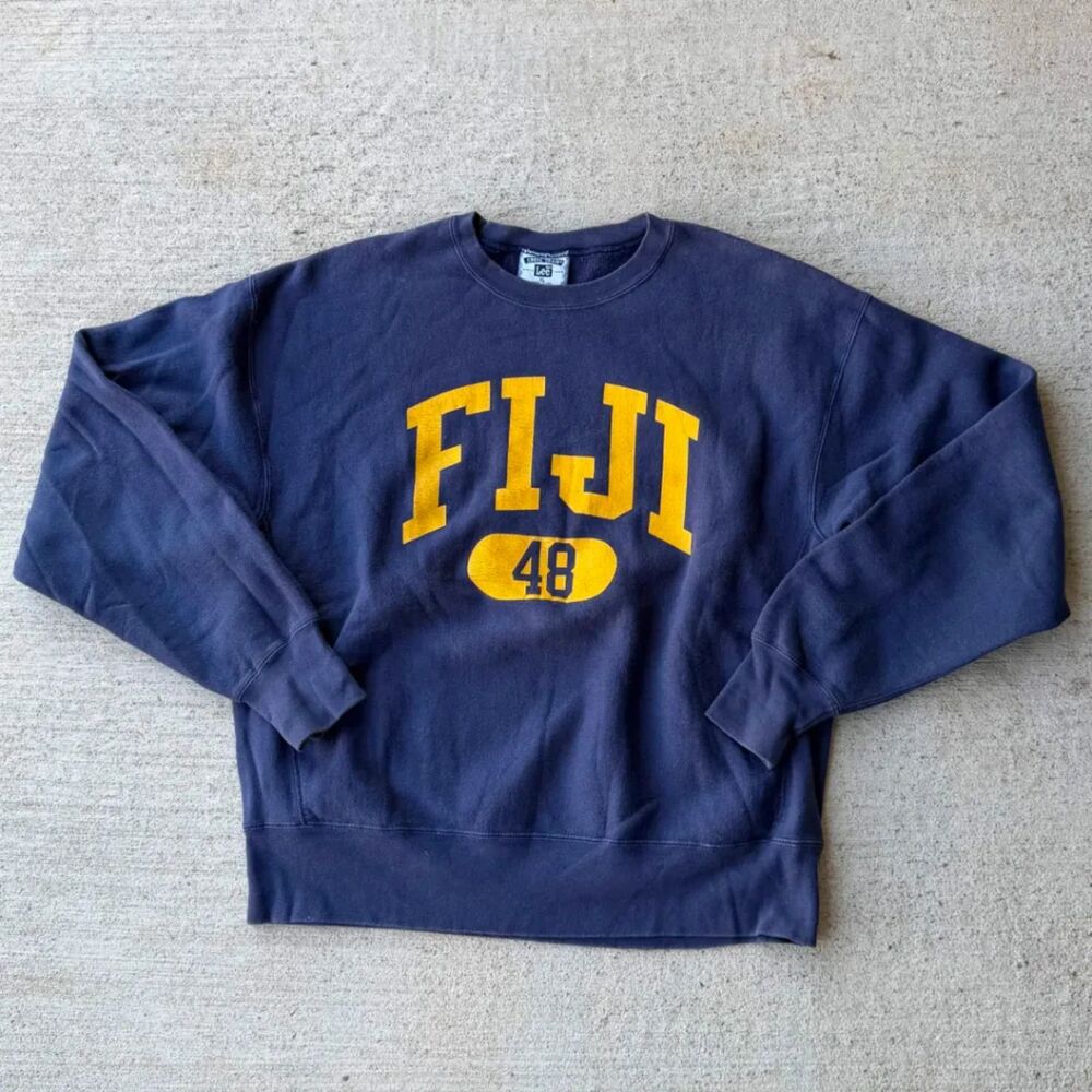 Vintage 90s Lee Cross Grain FIJI Fraternity Sweatshirt Navy XL Reverse Weave USA
